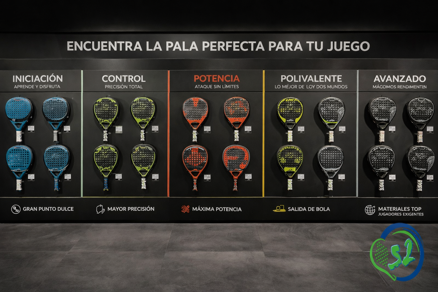 Tienda de pádel moderna con expositores modulares y presentación flexible del producto